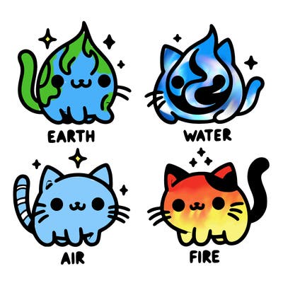 4 cats that represent the different elements, earth, water, air, and fire