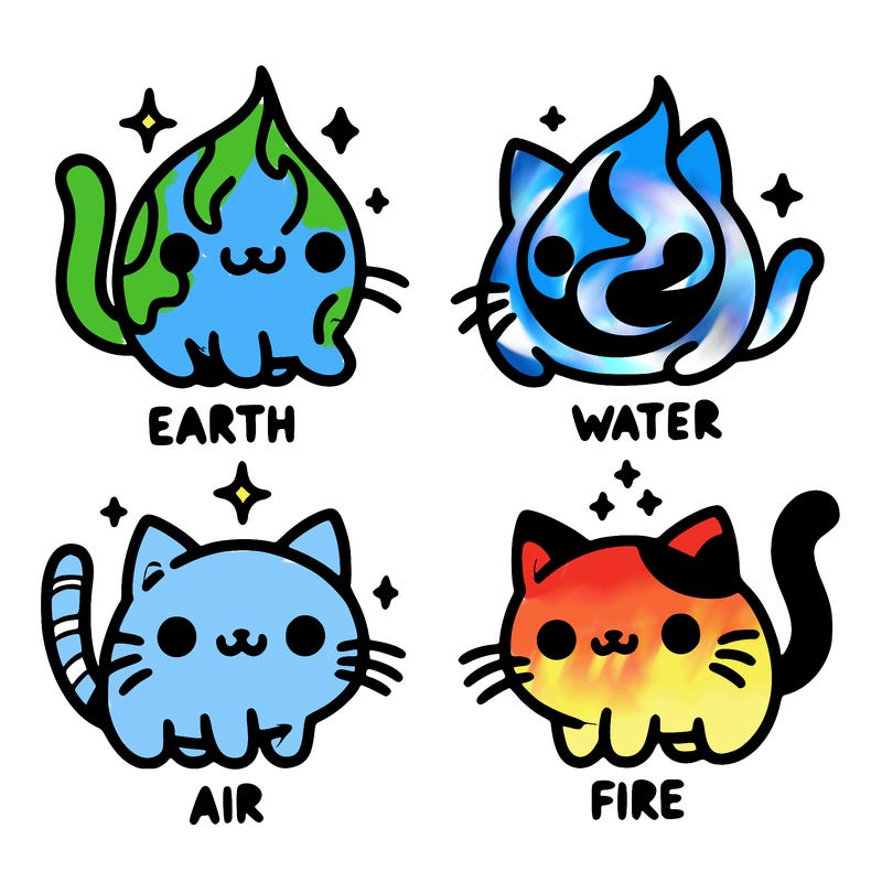 4 cats that represent the different elements, earth, water, air, and fire