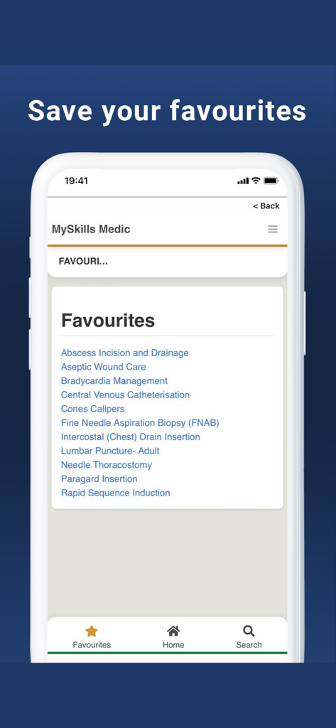 Pantalla de favoritos de la aplicación MySkills Medic que muestra una lista de procedimientos médicos.
