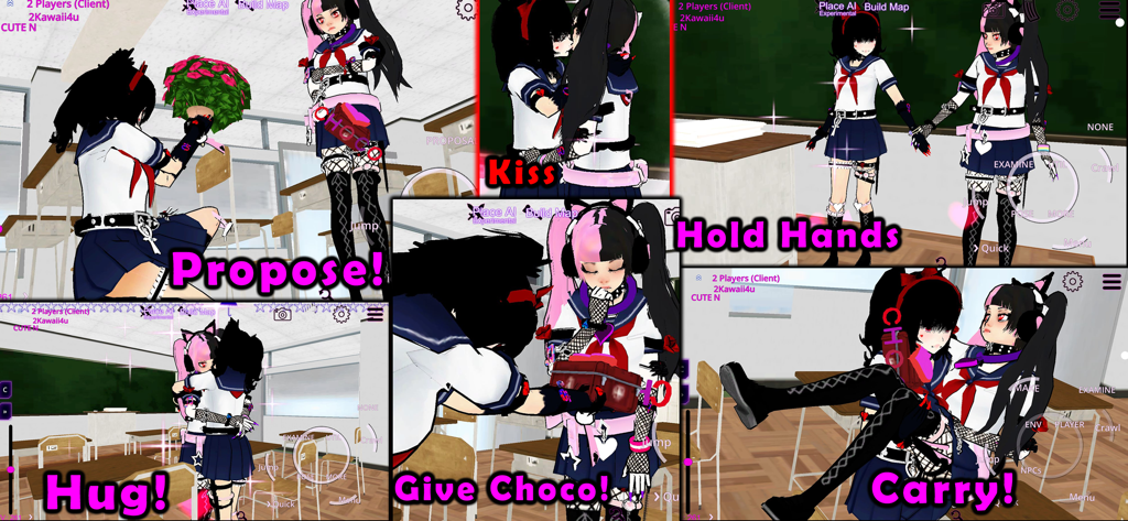 A montage of social interactions in Yandere Schoolgirls Online featuring anime characters proposing, hugging, and kissing in a classroom.
