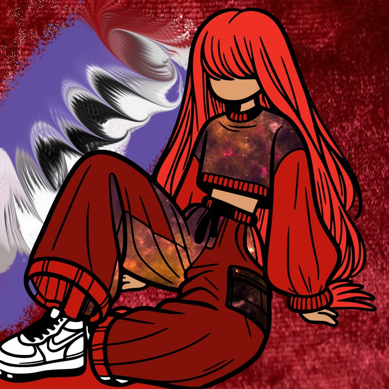 a girl with baggy pants and a crop top with long hair