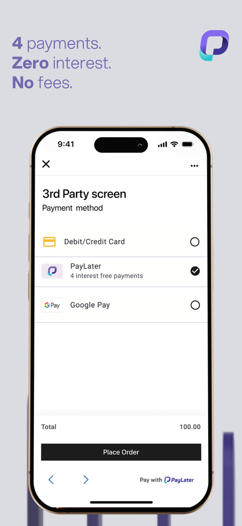 4回の利息無料分割払いで選択されたPayLater支払い方法を示すモバイルチェックアウト画面。