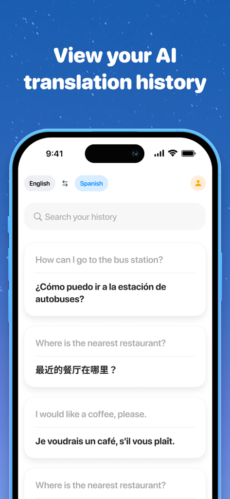 Pantalla de la aplicación Traductor IA Definitivo mostrando una lista de frases traducidas en español, chino y francés dentro de la sección de historial