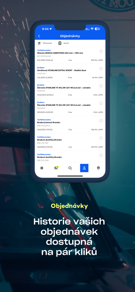 LKQ CZ - App mobile LKQ CZ che mostra un elenco dettagliato della cronologia degli ordini di ricambi auto, inclusi freni e tergicristalli