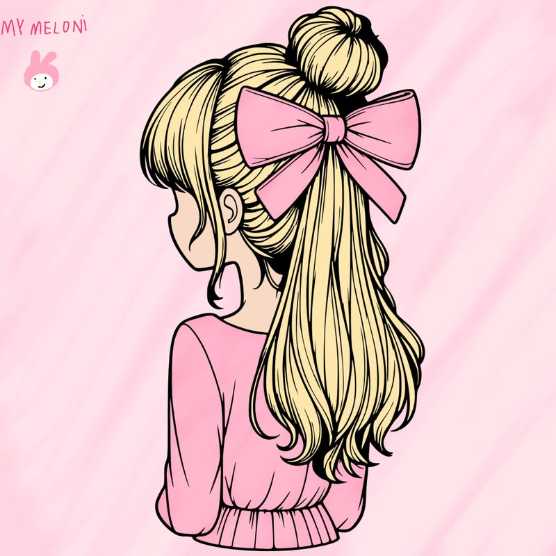 realistic girl  with hip length hair a bun and a big bow on the back of head