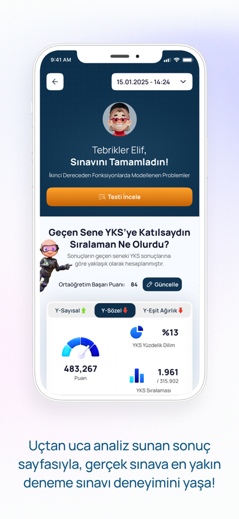 Doping Hafıza - Doping Hafiza mobile app screen showing test score analysis and predicted exam ranking