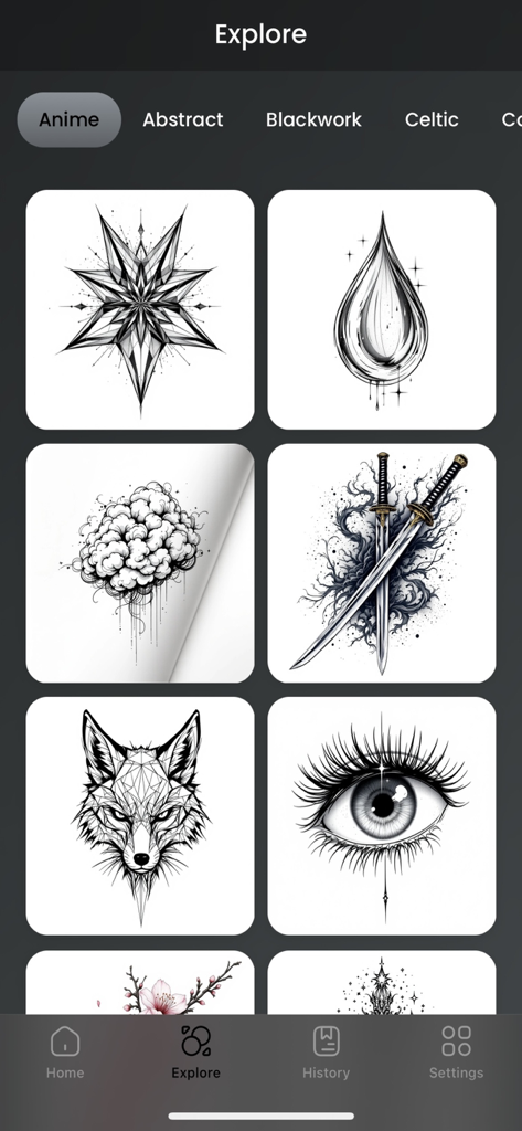 AI Tattoo Designer : Generator - The explore screen of the AI Tattoo Designer app showing a grid of diverse tattoo sketches including geometric shapes, swords, and animal portraits.