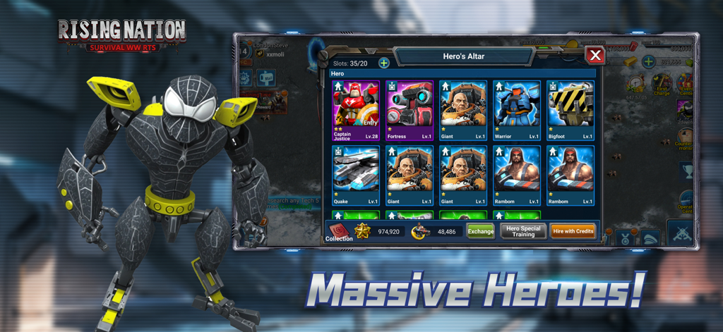 Rising Nation: Survival WW RTS - Hero's Altar menu in Rising Nation: Survival WW RTS showing a variety of collectible hero cards