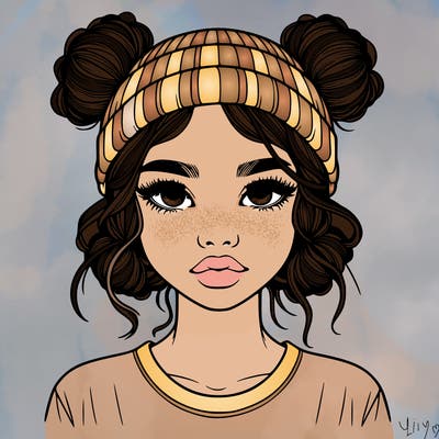 realistic girl with buns in her hair with a beanie on