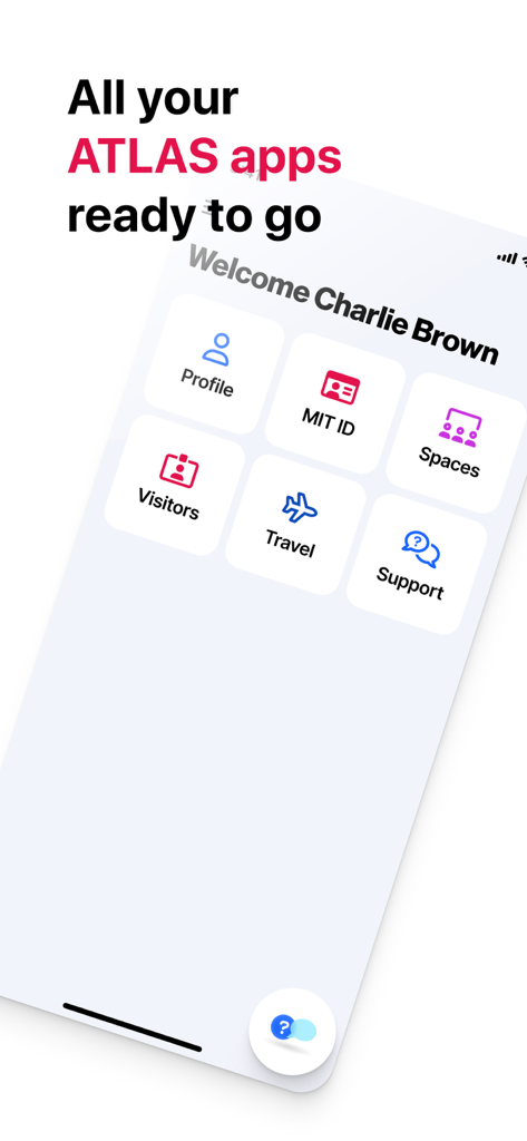 MIT Atlas - Mobile dashboard of the MIT Atlas app showing icons for MIT ID campus spaces and support services