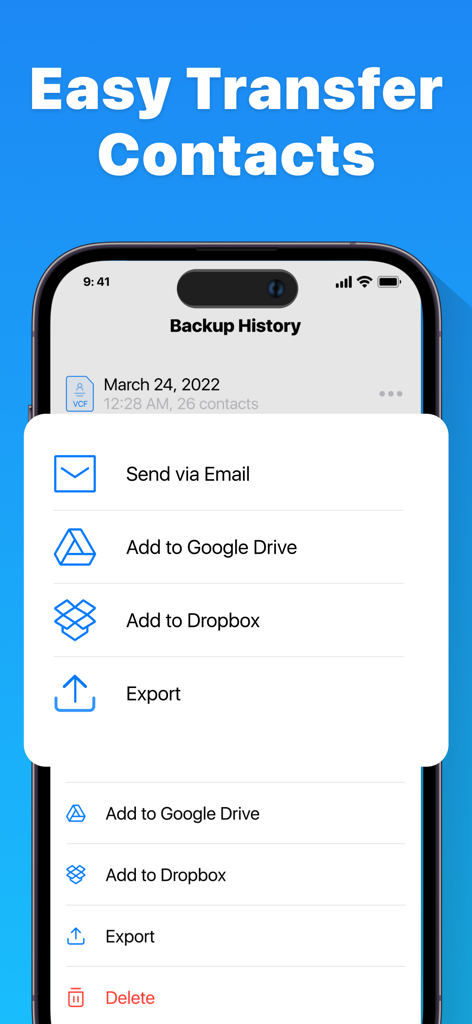 Pantalla de la aplicación móvil que muestra el historial de copias de seguridad de contactos y las opciones de exportación a Google Drive, Dropbox y Correo electrónico