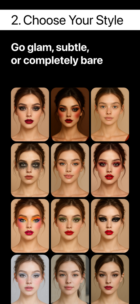 Makeup Removal AI - Screenshot of Makeup Removal AI showing a variety of virtual makeup styles and a natural look option.