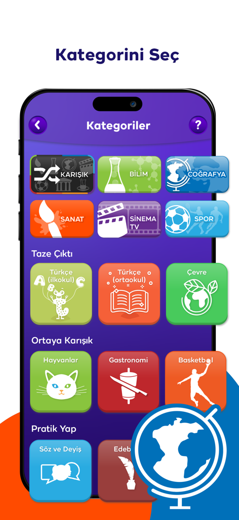 Pantalla de selección de categoría de la aplicación móvil TRT Bil Bakalim con varios temas de trivia turca como Ciencia, Geografía y Arte.