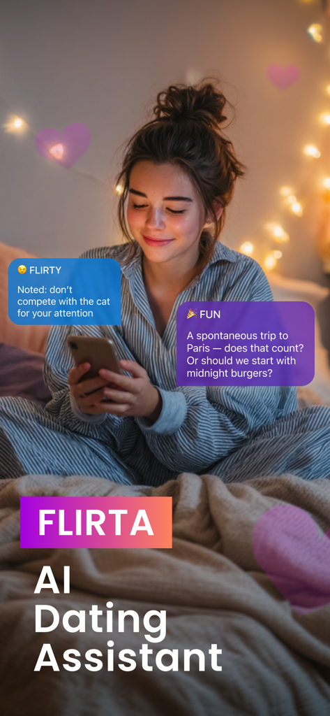 Flirta: AI Dating Assistant - A young woman using the Flirta AI Dating Assistant app to generate flirty and fun conversation openers on her smartphone
