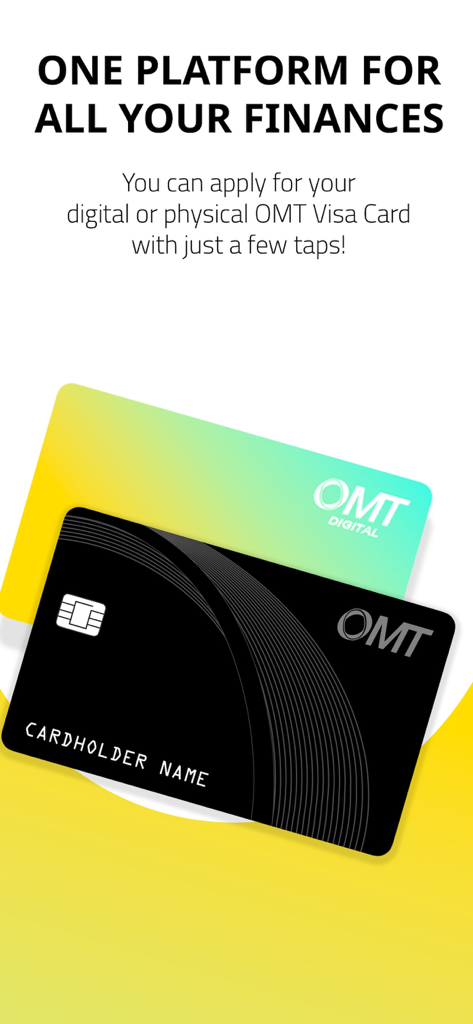OMT Pay - Digital and physical OMT Visa cards shown on the OMT Pay mobile app screen