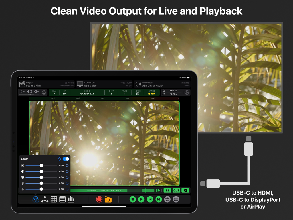 Aplicación Video Assist en iPad mostrando salida de video limpia a un monitor externo a través de USB-C y AirPlay