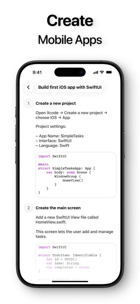 A step-by-step tutorial screen in the Rork app showing how to build an iOS app with SwiftUI code snippets and project settings.