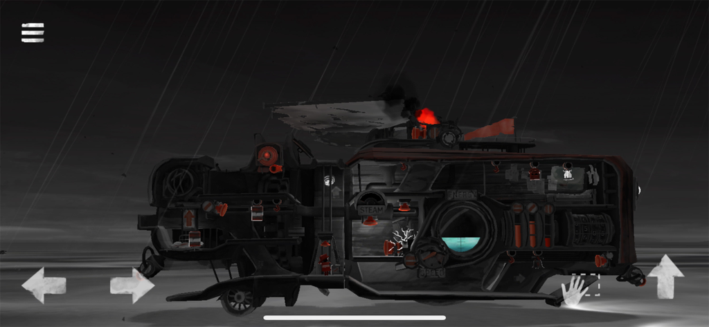 Cross-section view of a large mechanical ship in a rainy environment from the game FAR Lone Sails