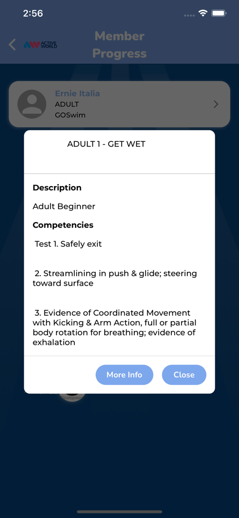 Active World - Active World app screen displaying swimming lesson progress and required competencies for adult beginners