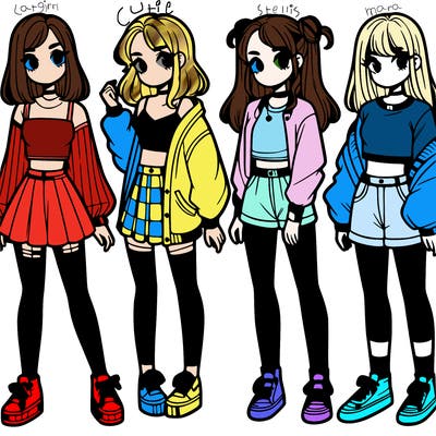 one girl with crop-top shirt and a jacket with a skirt, long socks and another girl with a shirt and pants with a jacket