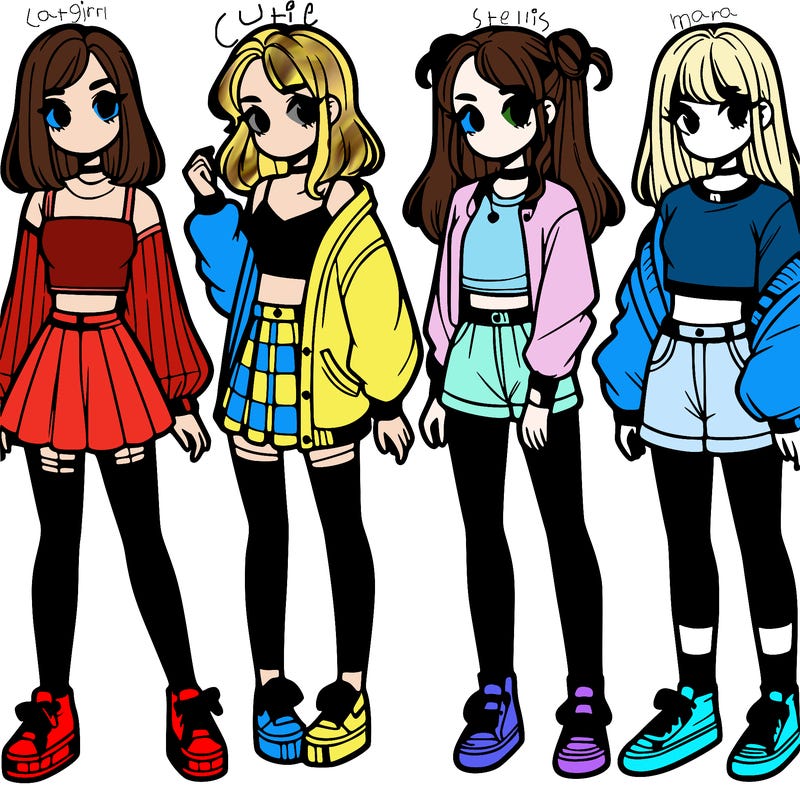 one girl with crop-top shirt and a jacket with a skirt, long socks and another girl with a shirt and pants with a jacket