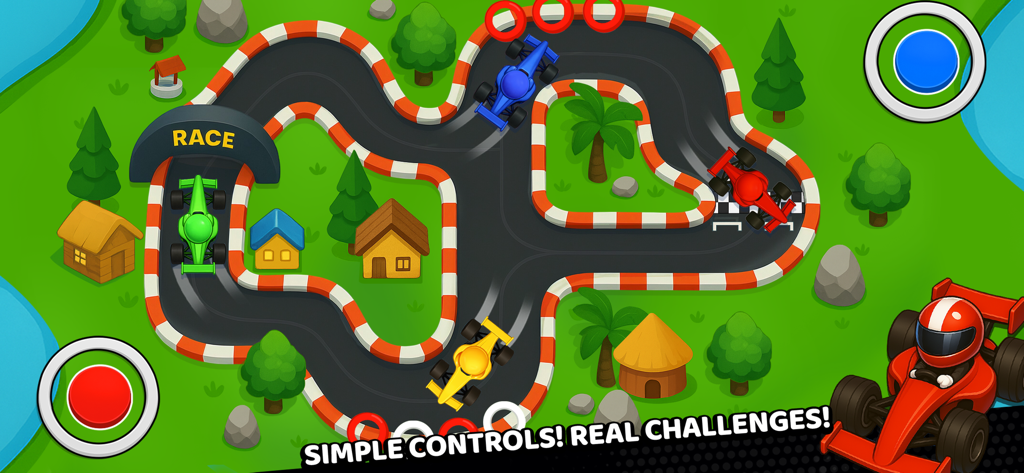 Stick Fun Party Mini Games - Visão de cima para baixo de um minijogo de corrida para quatro jogadores em Stick Fun Party, apresentando carros coloridos em uma pista