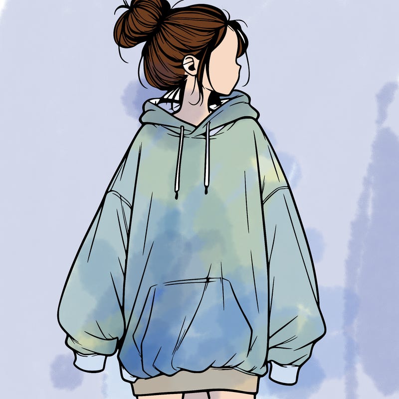 realistic girl with a oversized sweatshirt on and a bun