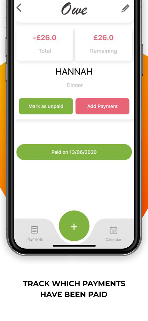 Owe: Debt Tracker & Planner - Mobile screen of Owe app showing details of a paid dinner debt