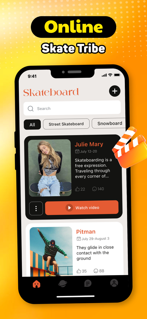 Interfaz de la aplicación Tinkle que muestra un feed de videos de skateboarding y publicaciones de miembros de la comunidad