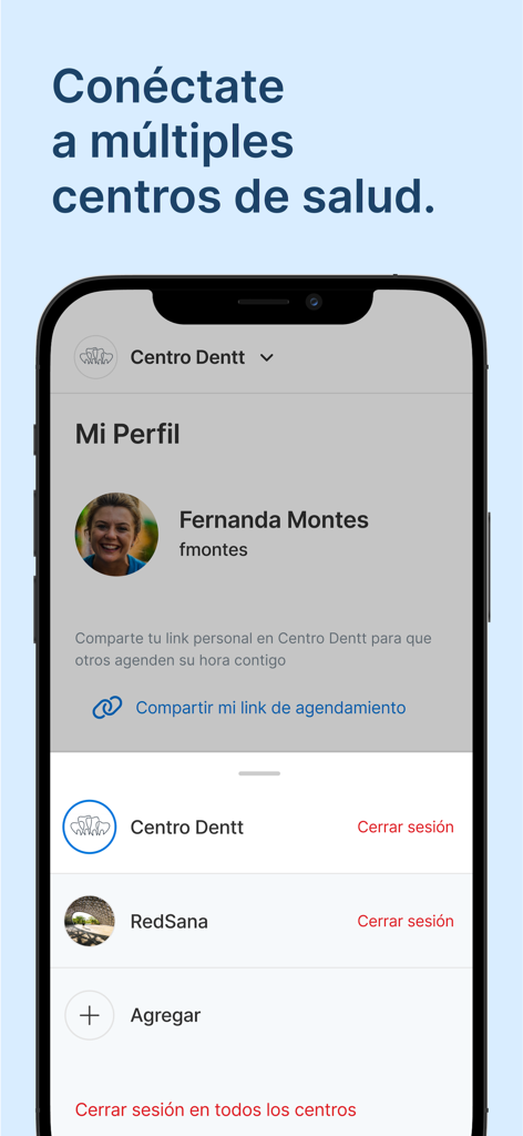 Healthatom: Dentalink Medilink - Écran de profil de l'application Healthatom montrant la gestion de plusieurs centres de santé