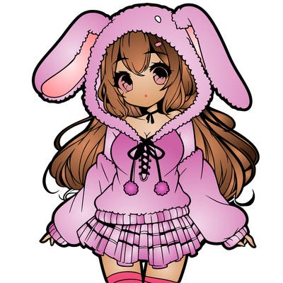 pretty anime girl wearing a fluffy hoodie with bunny ears on the hood and a skirt