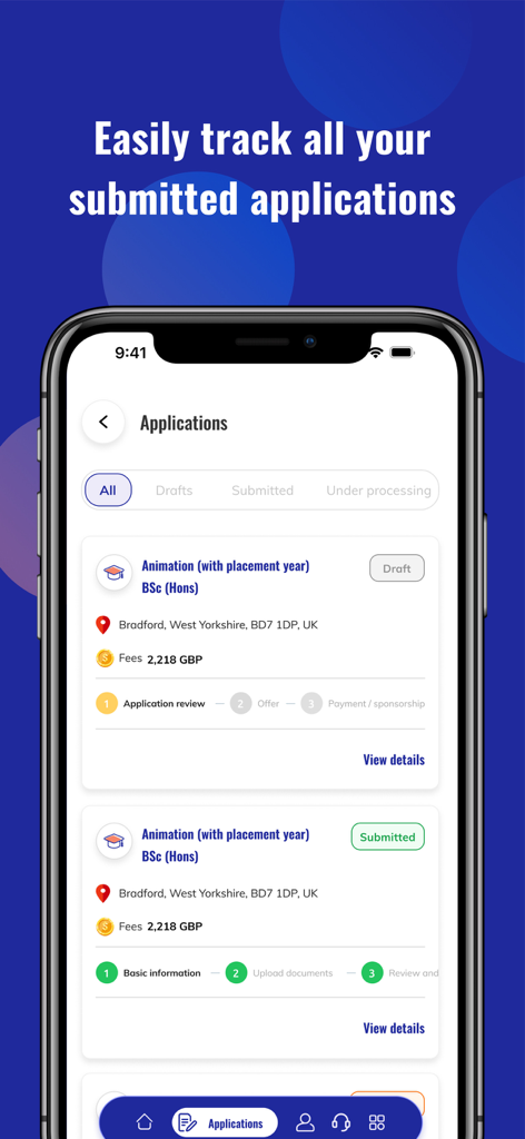 Interface of Acceptix app showing a dashboard to track the status of submitted university applications on an iPhone