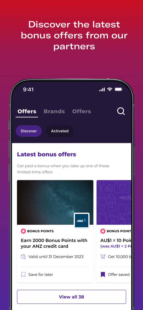 Pantalla de la aplicación Velocity Frequent Flyer que muestra las últimas ofertas de puntos de bonificación de los socios.