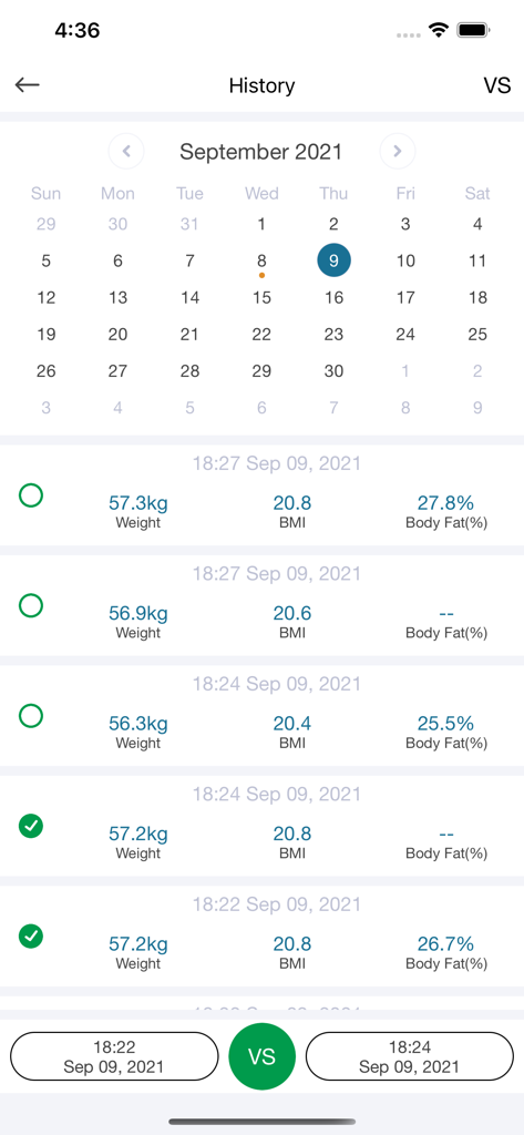 Verlaufsbildschirm der MovingLife-App mit täglichen Protokollen von Gewicht, BMI und Körperfettanteil sowie einem Datenvergleichstool