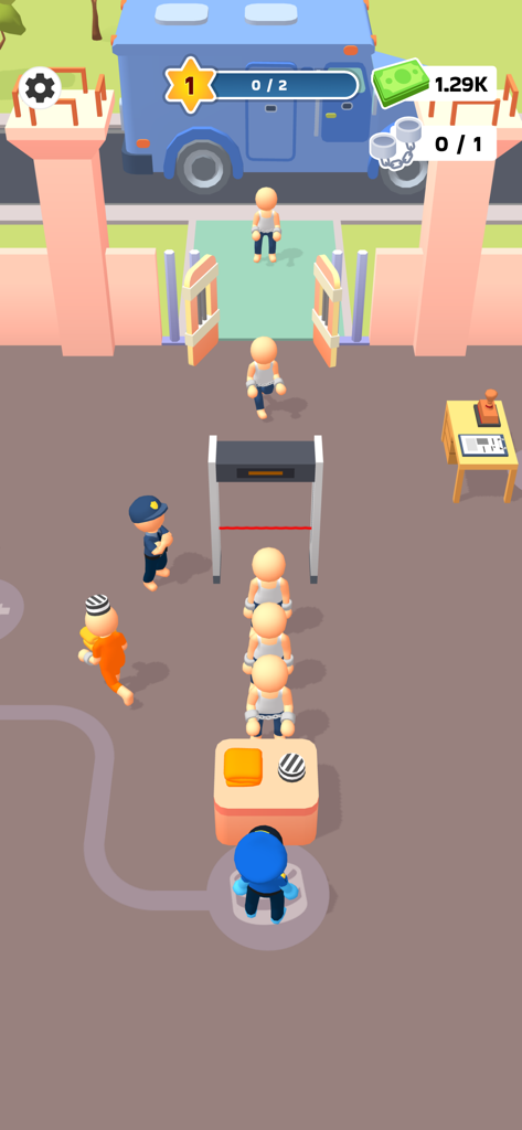 Uma captura de tela da jogabilidade de Prison Life Idle Game mostrando guardas processando uma fila de novos prisioneiros em um posto de controle de segurança.