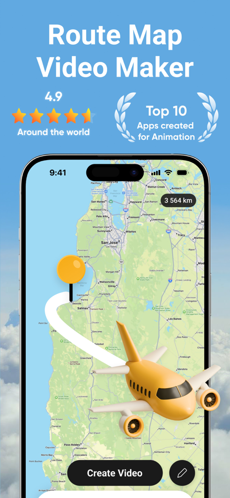 iPhone screen showing a 3D animated airplane route on a map for travel storytelling.