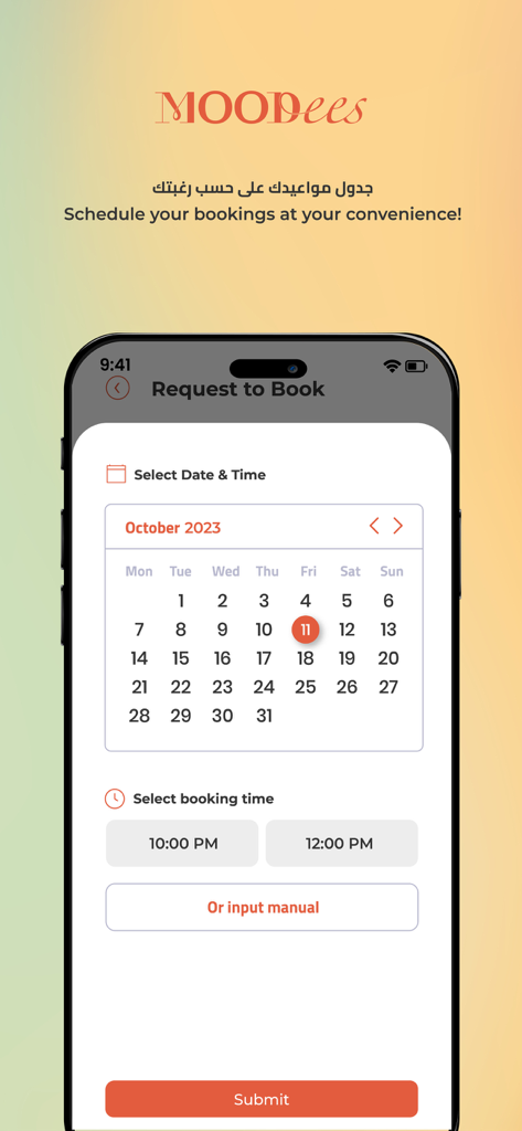 Moodees - Interfaccia dell'app Moodees che mostra un calendario e la selezione dell'orario per programmare un appuntamento di bellezza