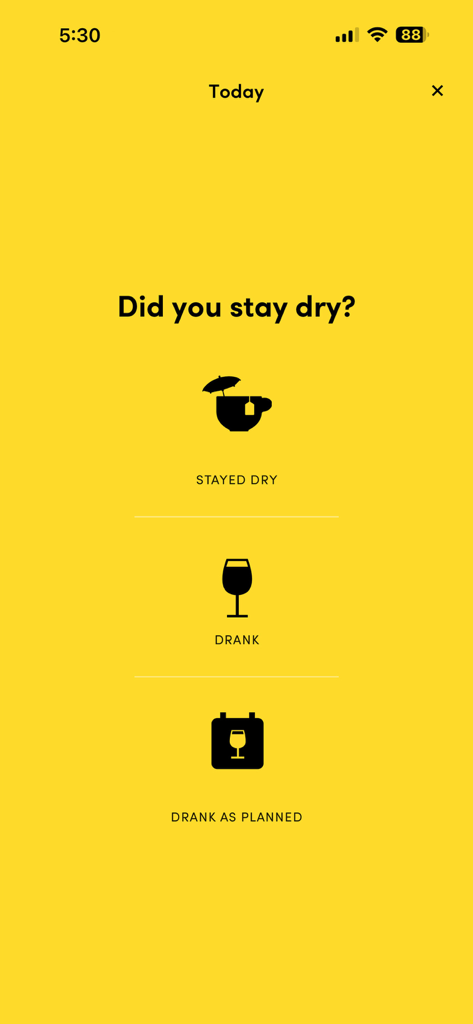 Try Dry app interface showing options to log daily progress including Stayed Dry Drank and Drank as Planned