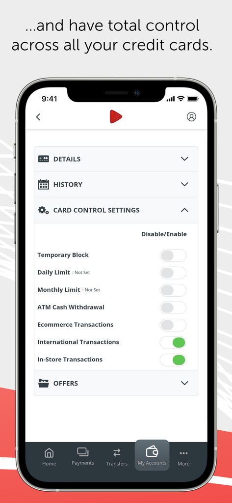 ADCB - Interfaz de la aplicación de banca móvil ADCB que muestra los controles de la tarjeta de crédito y la configuración de seguridad