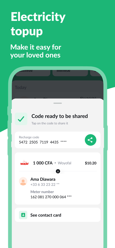 Una captura de pantalla de la app Libon mostrando un código generado para una recarga de electricidad listo para ser compartido con un familiar