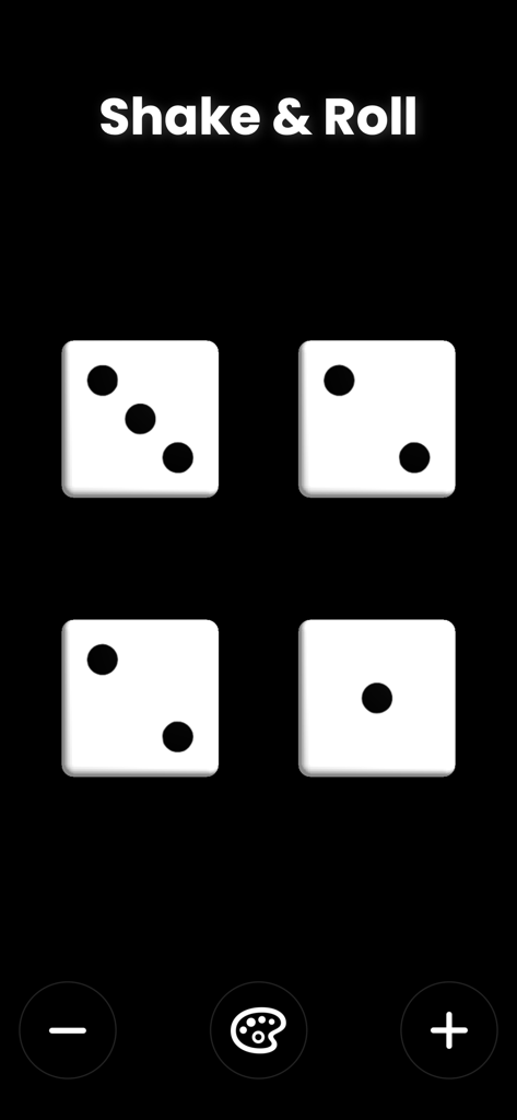 Dice Roller Pro app interface showing four white dice with a shake to roll instruction