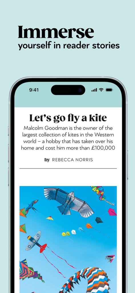 Interfaz de la aplicación Saga Magazine que muestra una historia de un lector titulada "Let's go fly a kite"