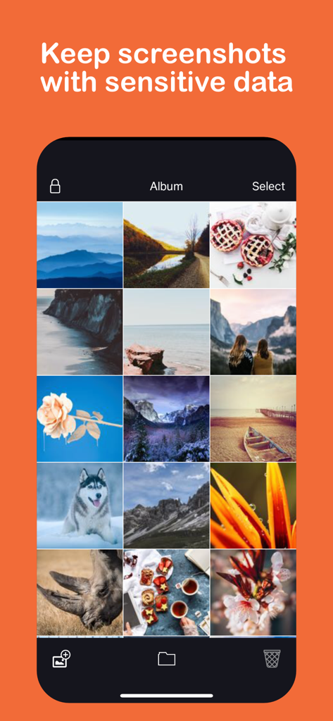 Interface of the Lock Photos Private Secret Box app showing a grid of private photos in an album