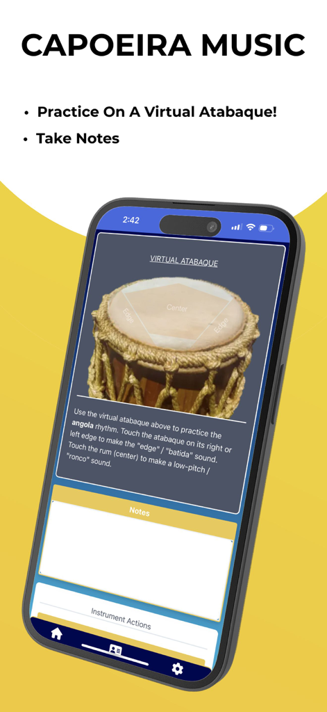 Capoeira Journal - Virtual atabaque instrument interface in the Capoeira Journal app for rhythm practice