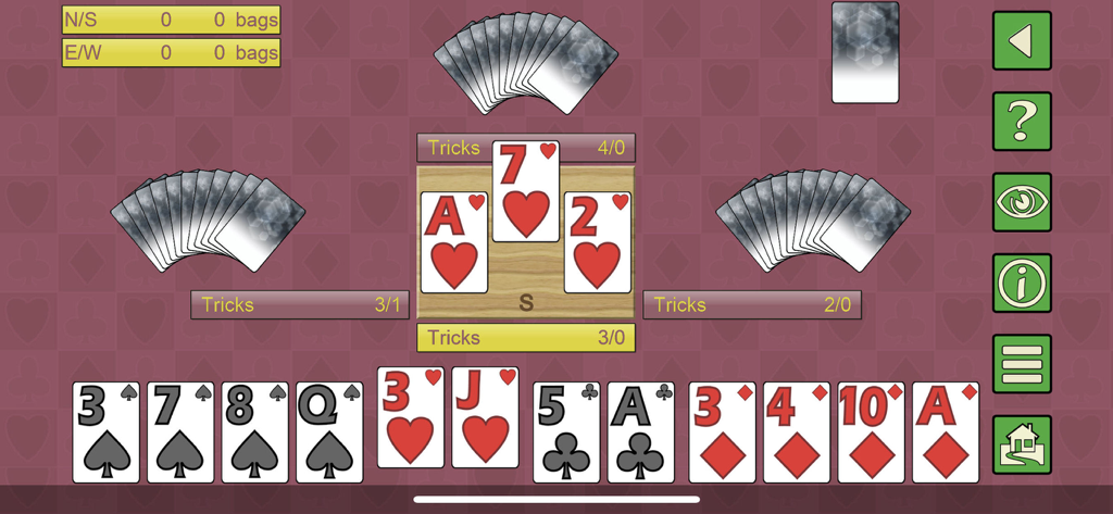 Spades V+, classic card game - Gameplay screenshot of Spades V plus classic card game showing a hand of cards and a match in progress.