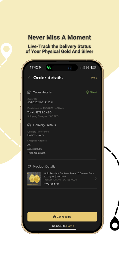 Pantalla de la aplicación OGold Wallet que muestra los detalles del pedido y el seguimiento en vivo de la entrega de oro físico