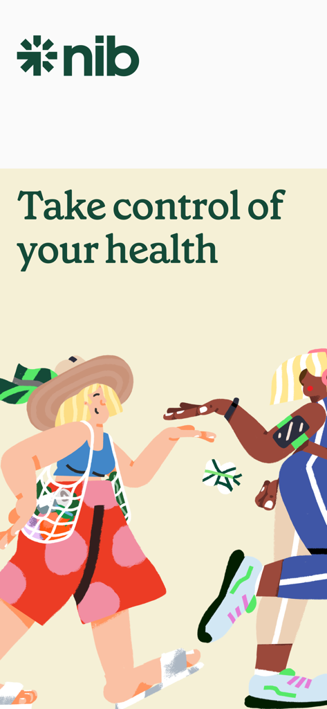 nib app splash screen featuring two active people high-fiving and the text Take control of your health