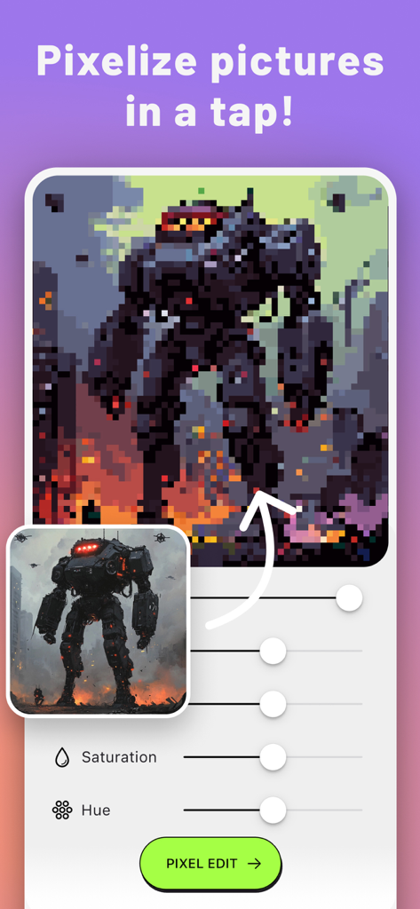 L'interface de l'application PixelMe montrant une photo de mécha haute résolution en cours de conversion en art pixel 8 bits avec des curseurs de saturation et de teinte.
