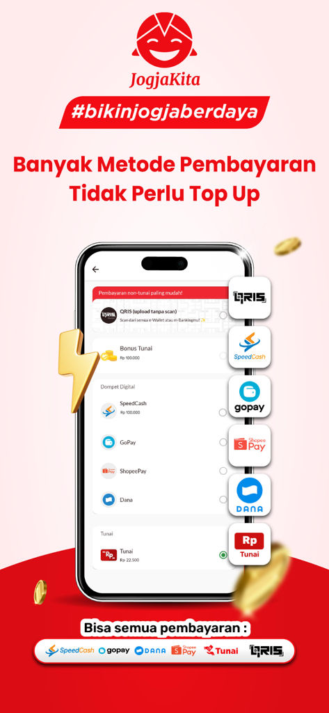 JogjaKita - Ojolnya Jogja - Mobile phone screen displaying diverse payment methods within the JogjaKita super app including QRIS and digital wallets