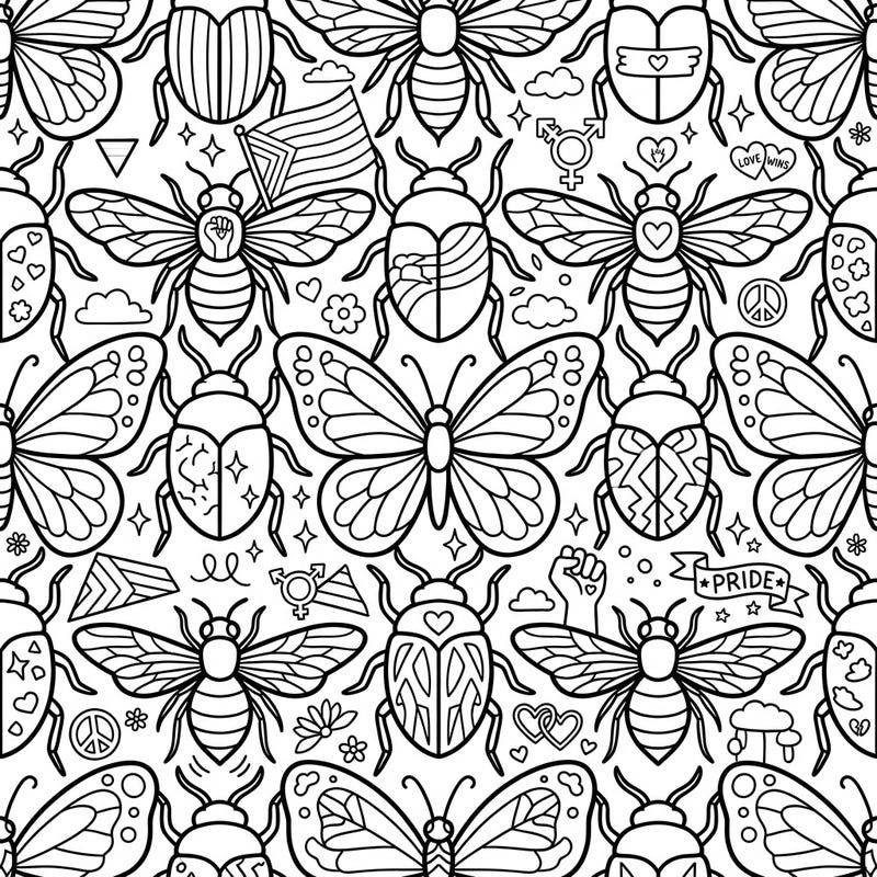 Unleash your creativity with this unique Insect Tessellations coloring page, beautifully blended with vibrant Pride Month symbols. Discover a world where nature's beauty meets the celebration of love and diversity.